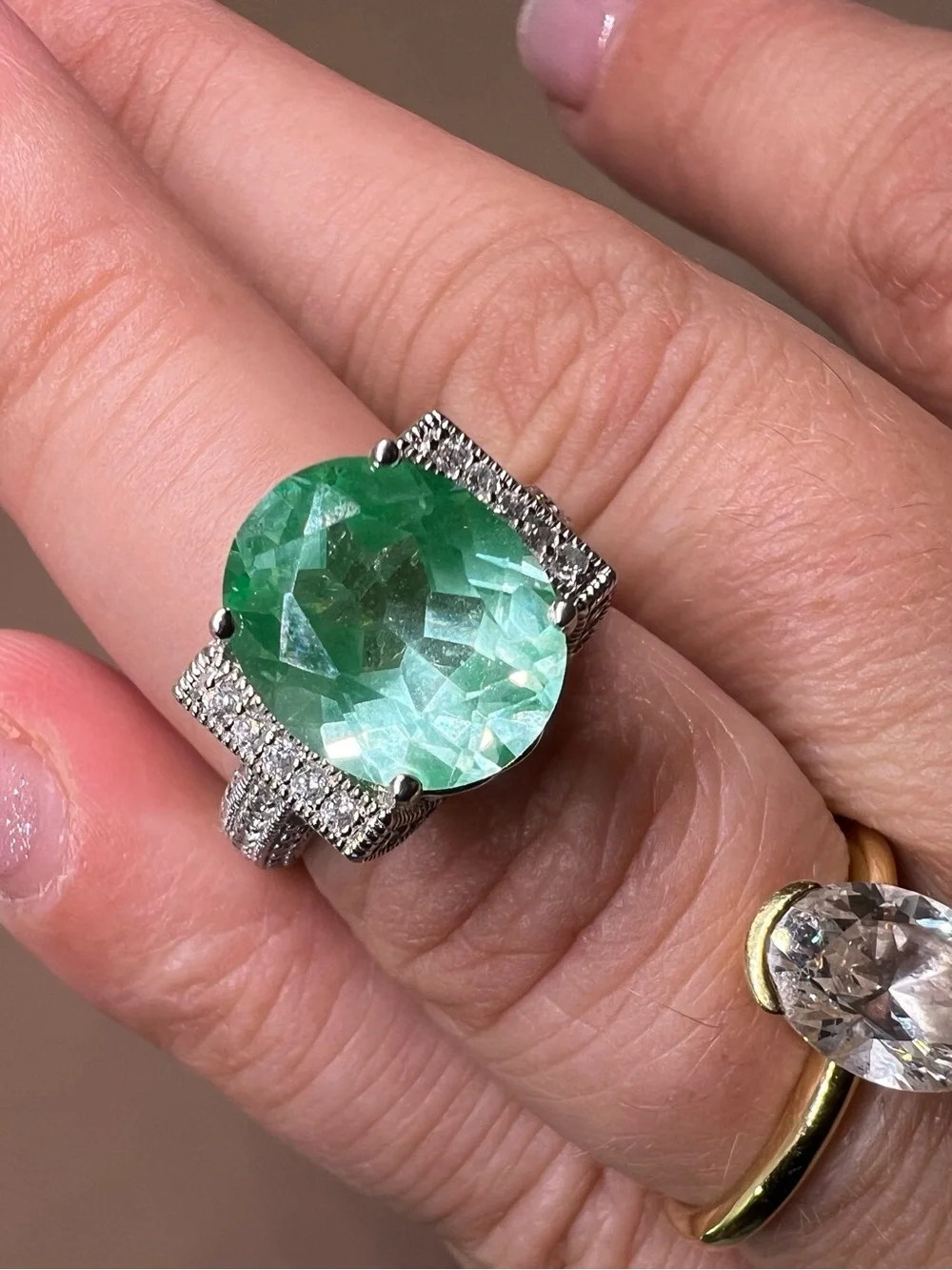 Vanna K Green Gemstone Sterling silver Halo Cocktail Ring